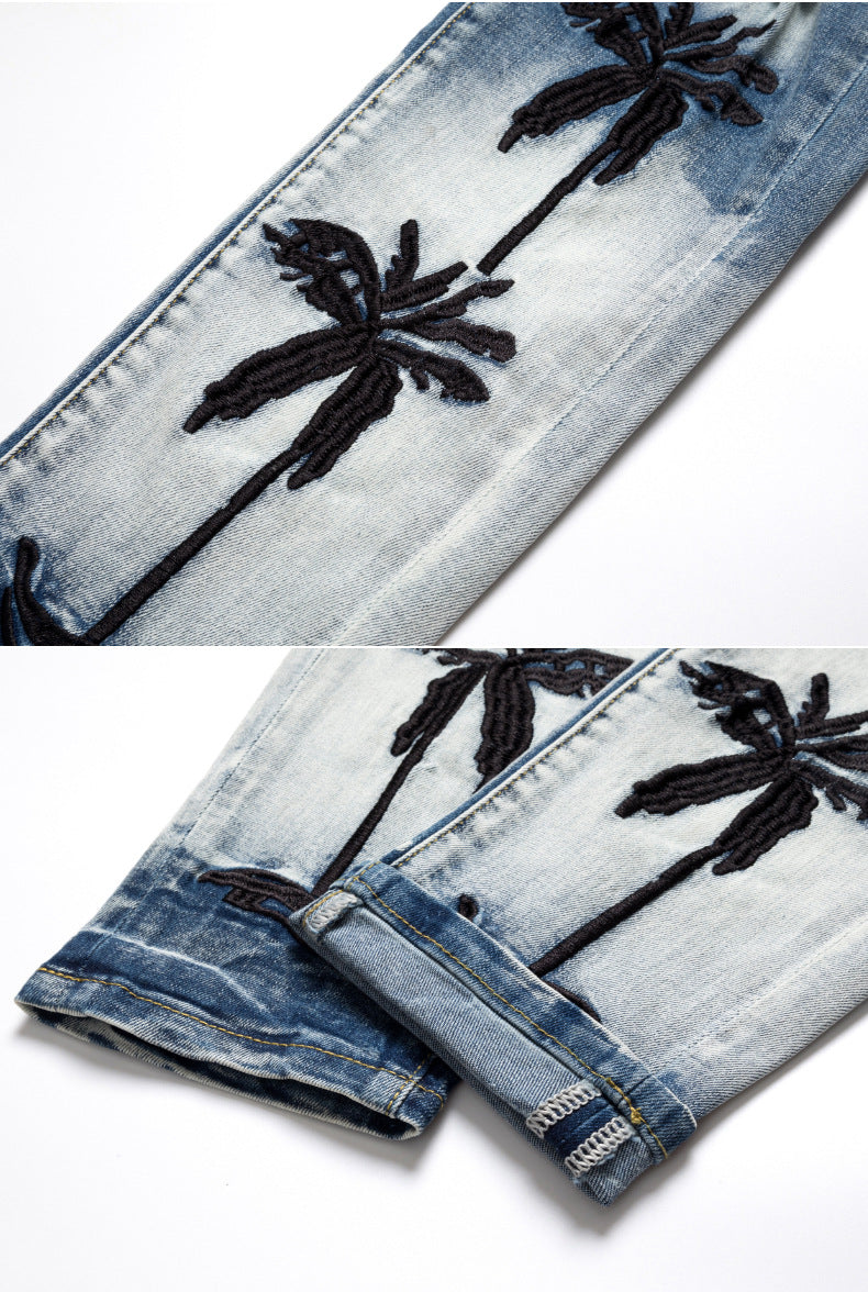 Coconut Tree Embroidered Ripped Casual Jeans