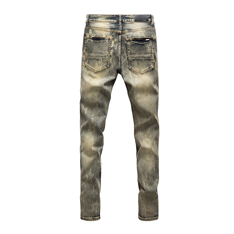 Retro Distressed Ripped and Printed Casual Jeans