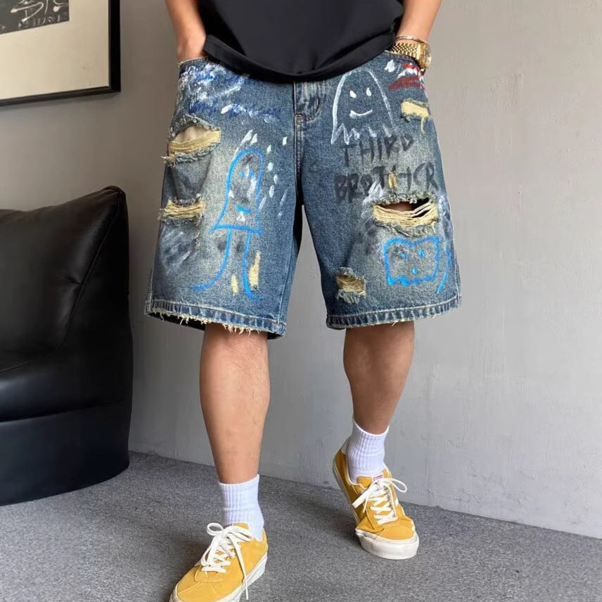 Men's Graffiti Ripped Denim Shorts