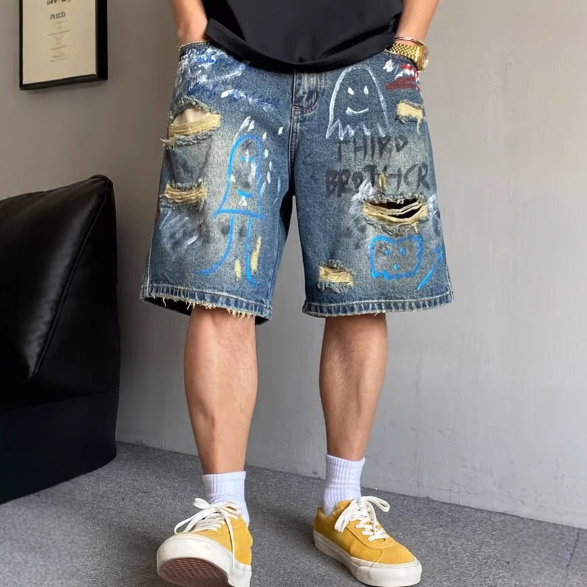 Men's Graffiti Ripped Denim Shorts
