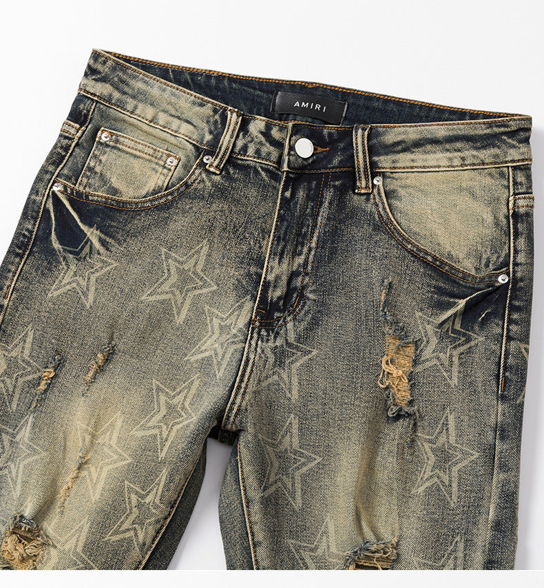 Retro Distressed Ripped and Printed Casual Jeans