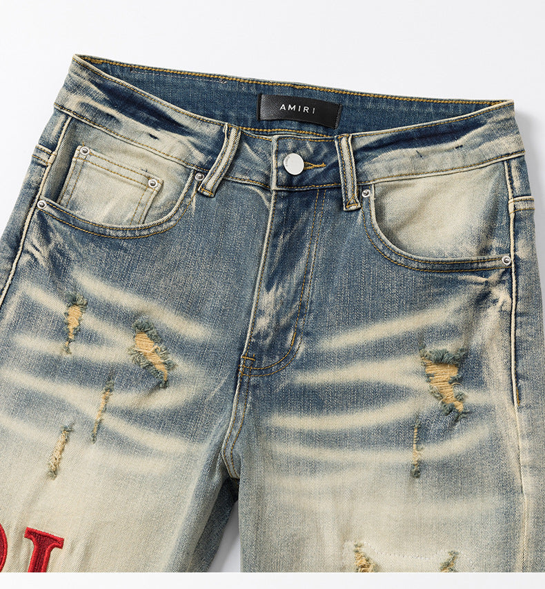 Embroidered Distressed Denim Shorts
