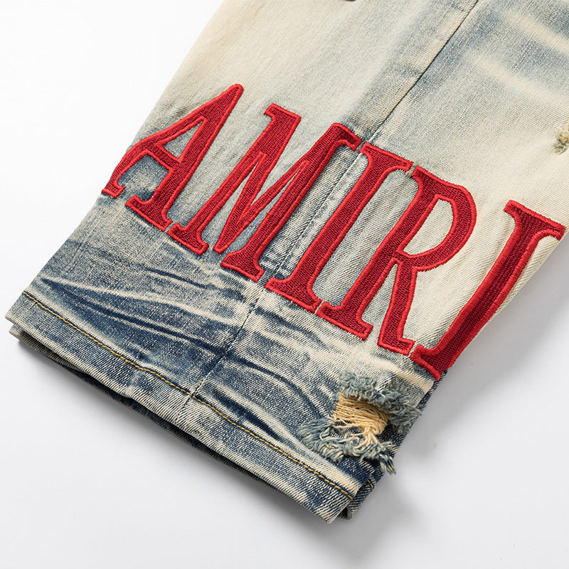 Embroidered Distressed Denim Shorts
