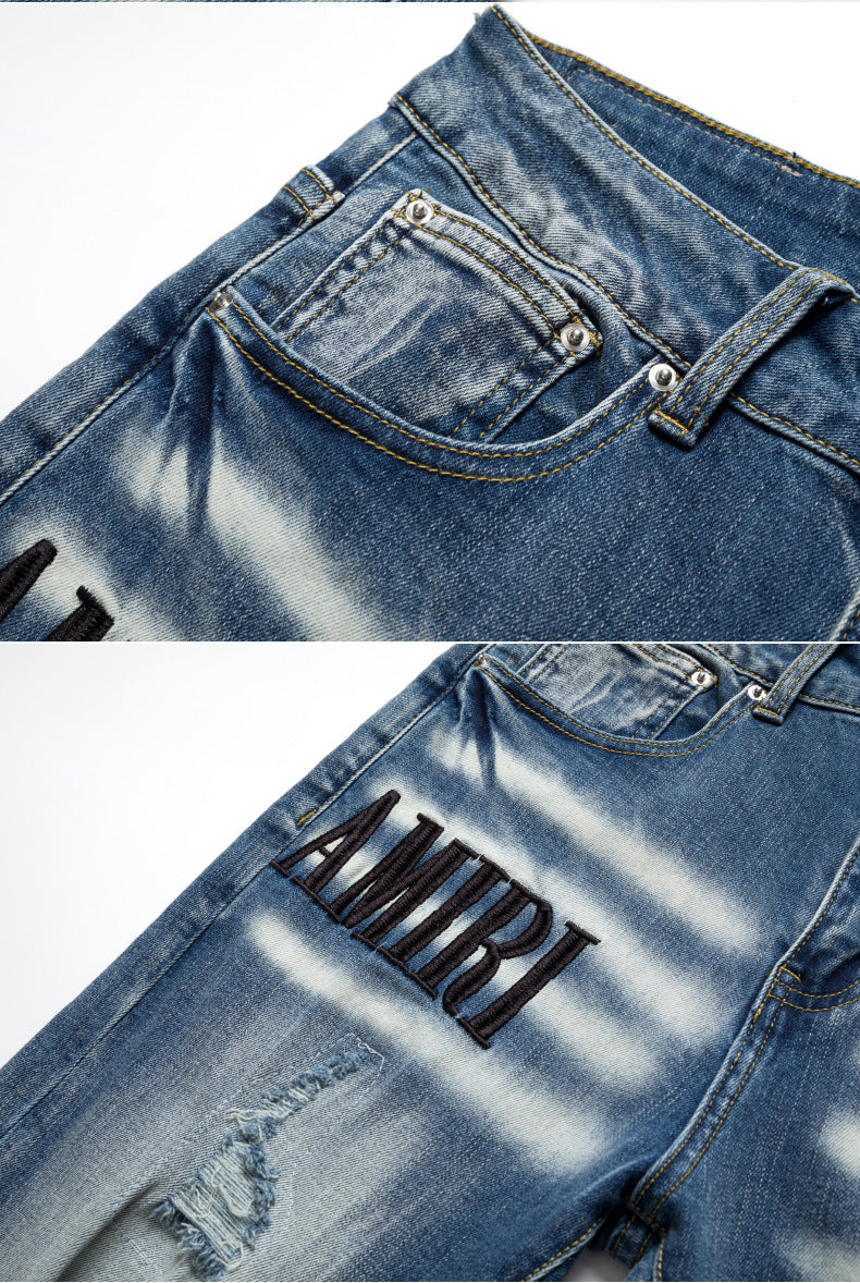 Coconut Tree Embroidered Ripped Casual Jeans