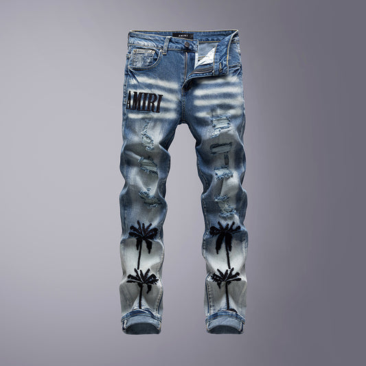 Coconut Tree Embroidered Ripped Casual Jeans