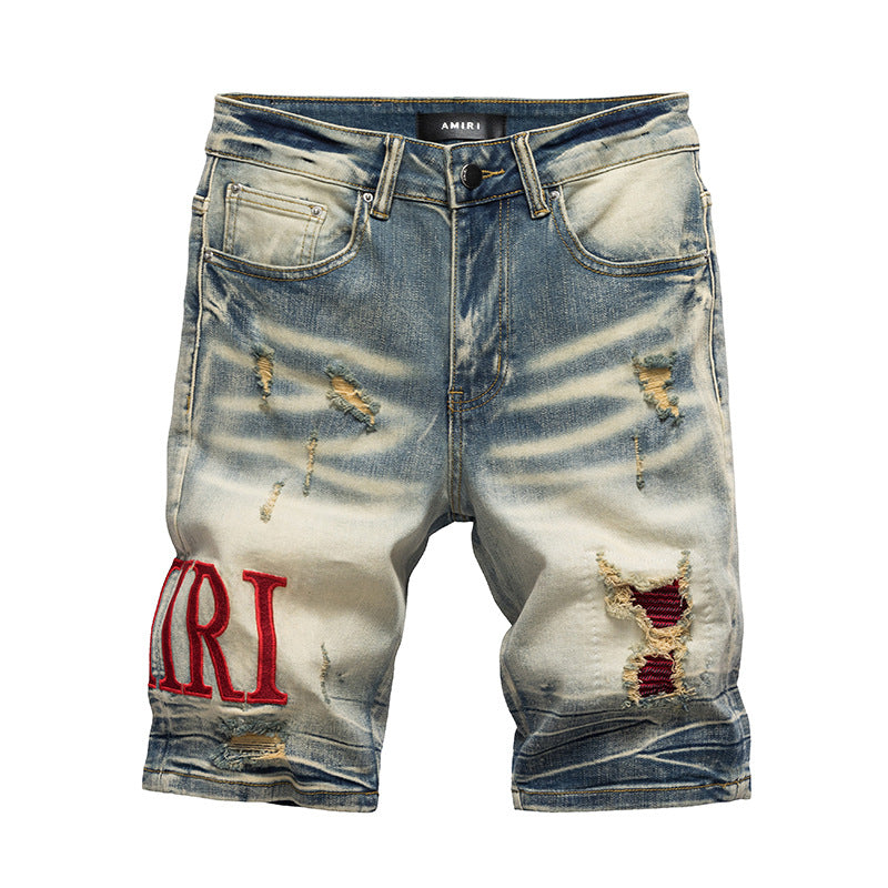 Embroidered Distressed Denim Shorts