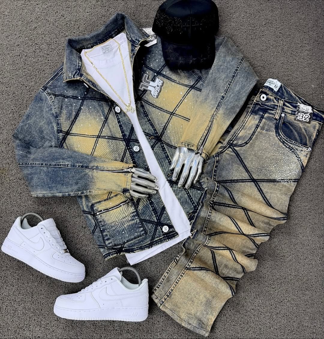 Mustard Yellow Distressed Denim Rhinestone Jacket & Trousers Set