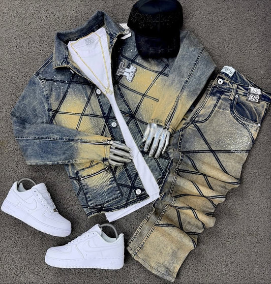 Mustard Yellow Distressed Denim Rhinestone Jacket & Trousers Set