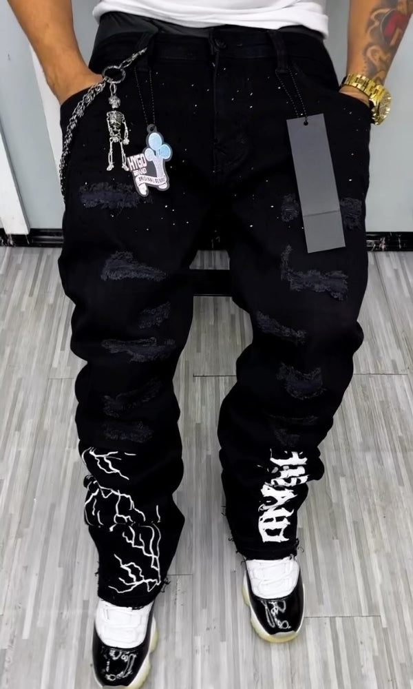 Black Rhinestone Lightning & Letter Casual Jeans