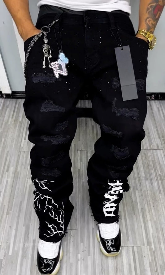 Black Rhinestone Lightning & Letter Casual Jeans