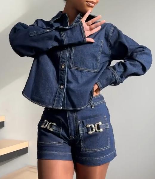 Loose Solid Color Denim Long Sleeve Shorts Suit