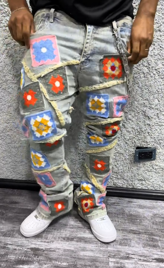 Men's Casual Floral Patch Jeans