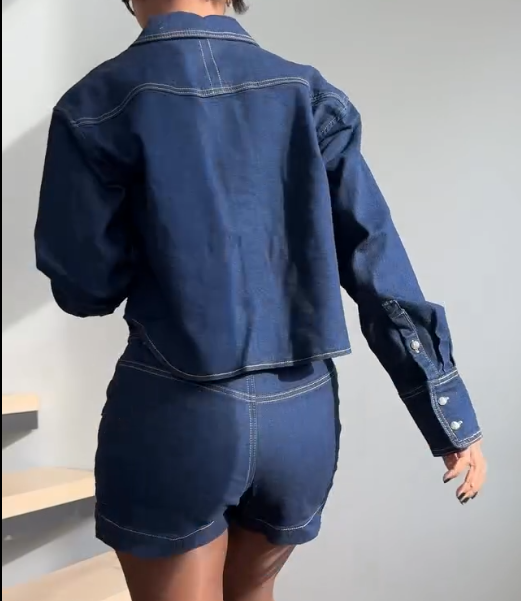 Loose Solid Color Denim Long Sleeve Shorts Suit