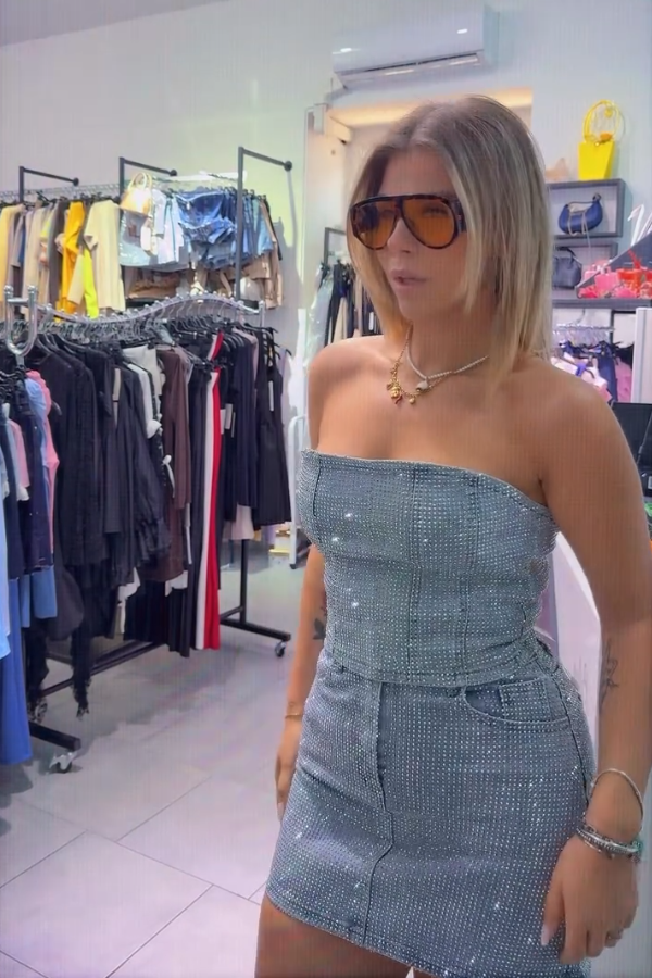Sparkling Diamond Bandeau Denim Suit