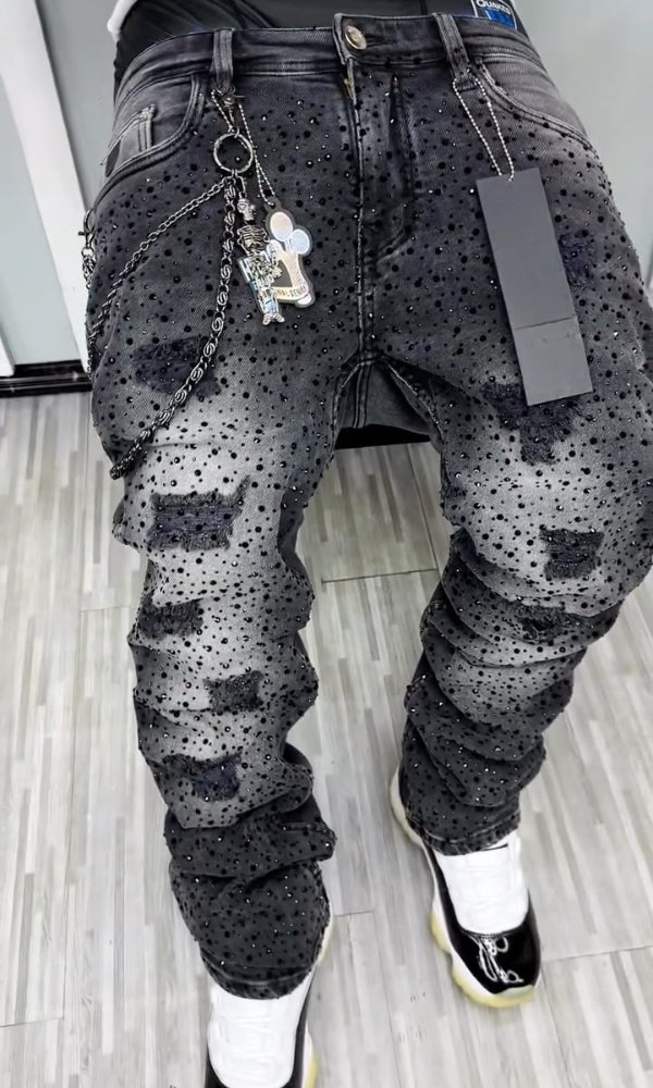 Trendy Ripped Rhinestone Jeans