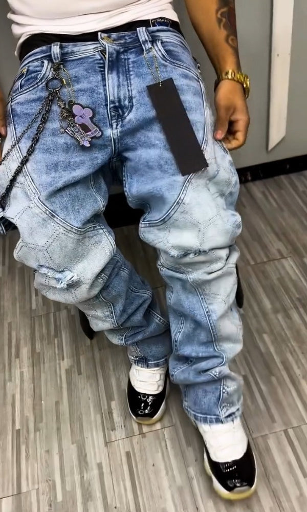 Hexagonal Rhinestone Draped Casual Jeans