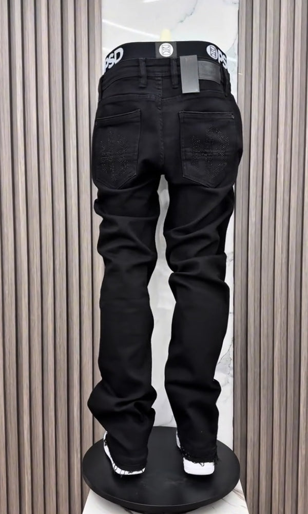 Black Rhinestone Lightning & Letter Casual Jeans