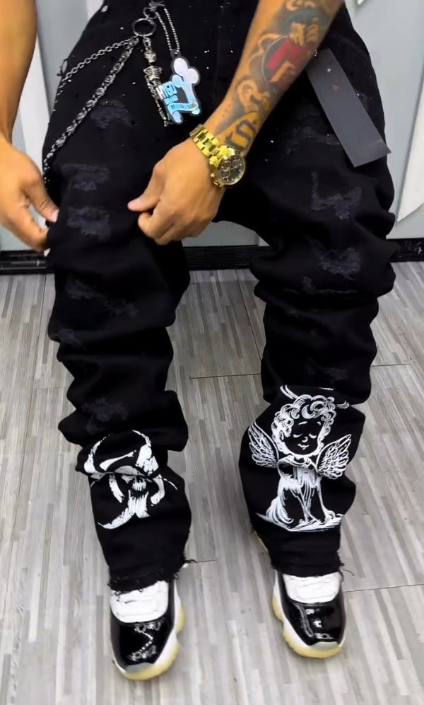 Shiny Casual Skull & Angel Ripped Jeans