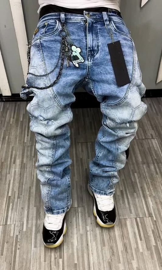 Hexagonal Rhinestone Draped Casual Jeans