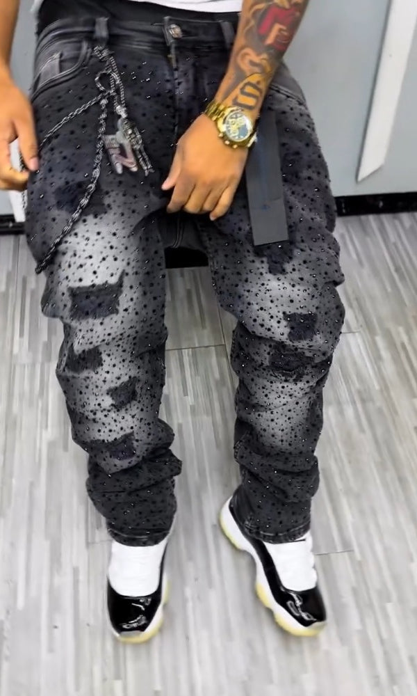 Trendy Ripped Rhinestone Jeans