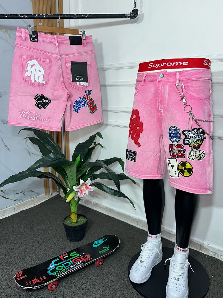 Embroidered Patch Denim Shorts