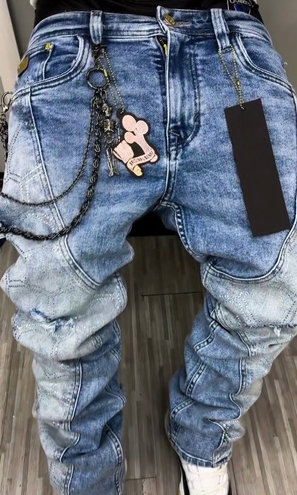 Hexagonal Rhinestone Draped Casual Jeans