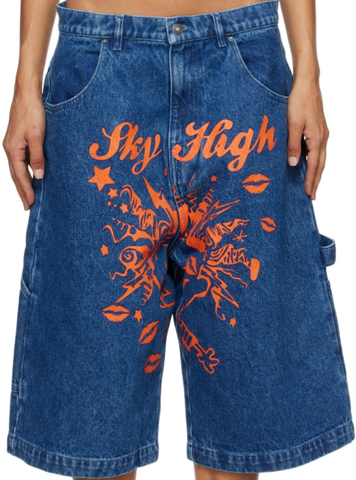 Loose-fitting Printed Pocket Denim Shorts