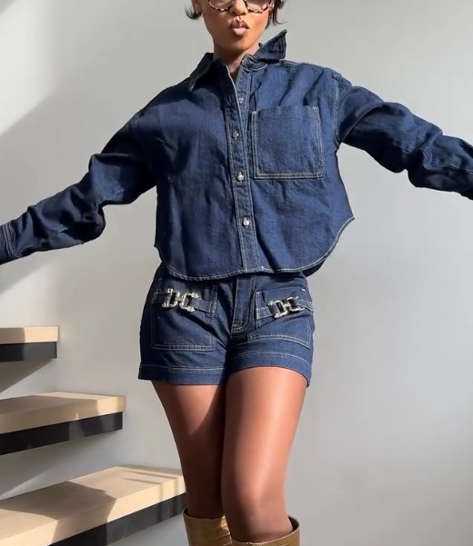 Loose Solid Color Denim Long Sleeve Shorts Suit