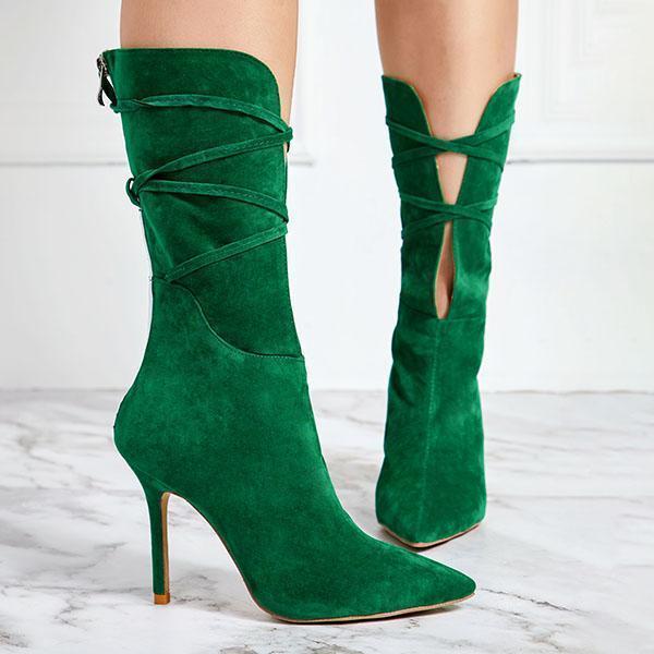 Solid Zipper Cross Tied Stiletto Heel Boots