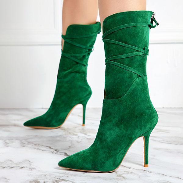 Solid Zipper Cross Tied Stiletto Heel Boots