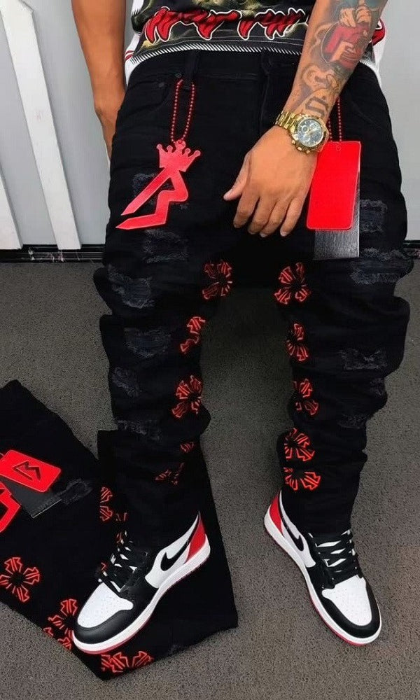 Men's Embroidered Distressed Jeans