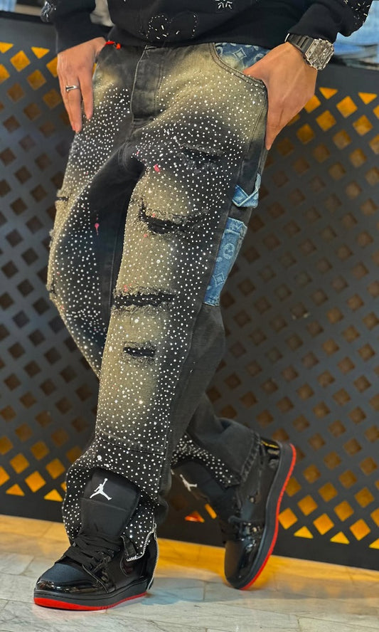 Side Zipper Casual Rhinestone Ripped Distressed Jeans